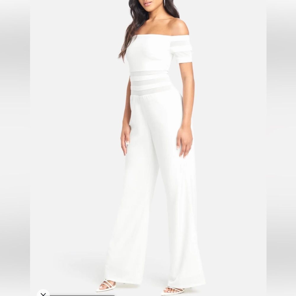 Bebe OFF SHOULDER MESH PANEL JUMPSUIT Sz M
